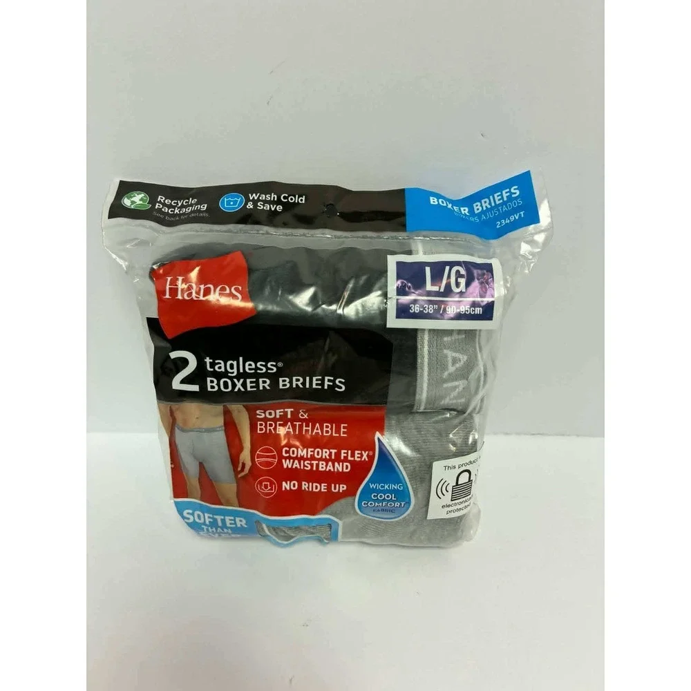 Hanes Mens 2 Pack Tagless Boxer Briefs Black Grey Large 36-38 2349VT
